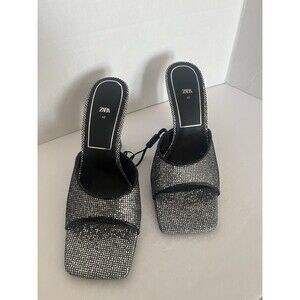 NWT Zara Women's‎ Silver Embellished Square Tow Heeled Sandal Size 9 (Euro 40)